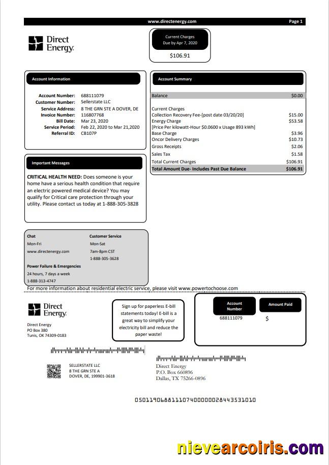 USA Texas Direct Energy utility bill